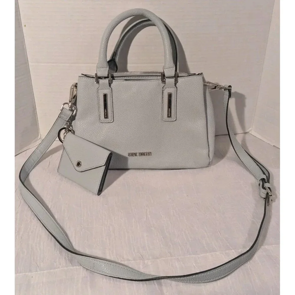 Steve Madden Crossbody Purse Attached Wallet Faux Leather Satchel Gray Pebbled